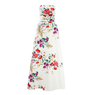 Mikado Floral Print Strapless Gown