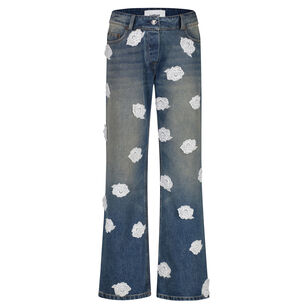 Washed And Stained Denim Jeans With Lace Polka Dots
