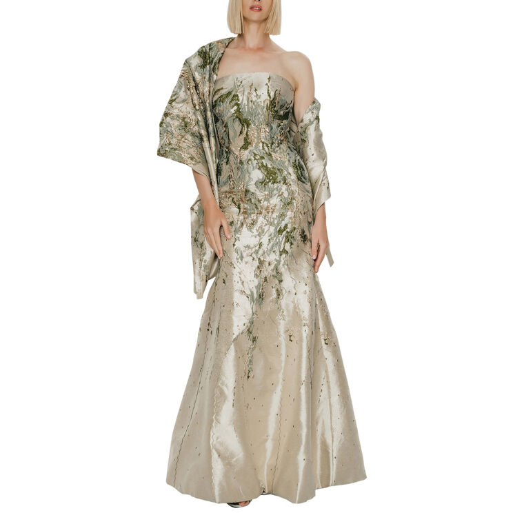 Abstract Brocade Strapless Gown With Matching Stole image number null