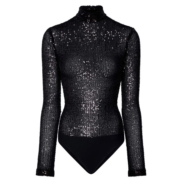 Mini Stretch Sequin Mock Neck Bodysuit image number null