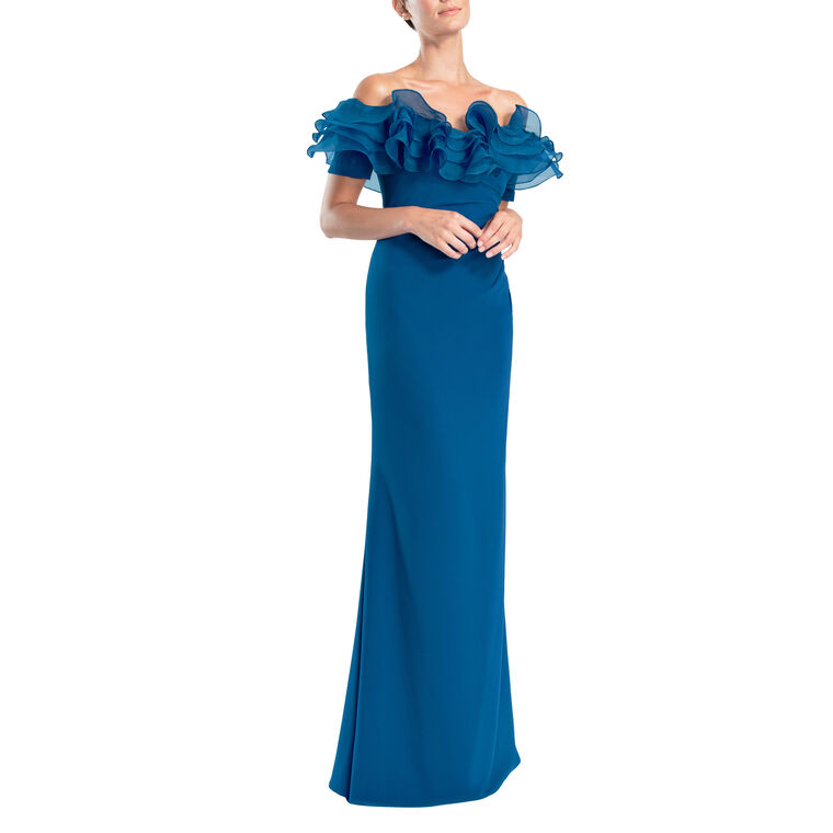 Crepe Gown With Off Shoulder Ruffle image number null