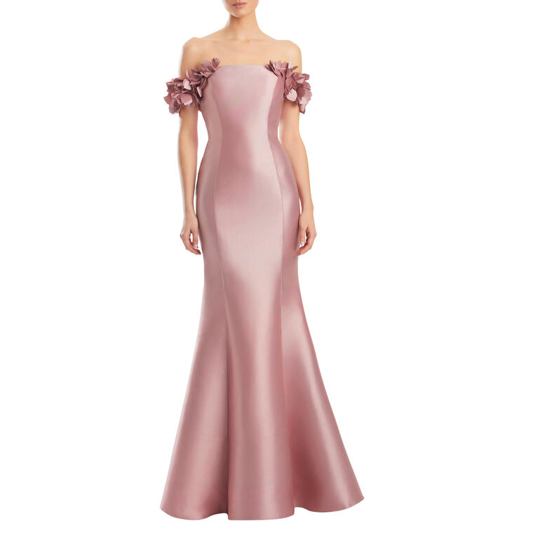 Off Shoulder Gown With 3D Floral Sleeve Detail image number null