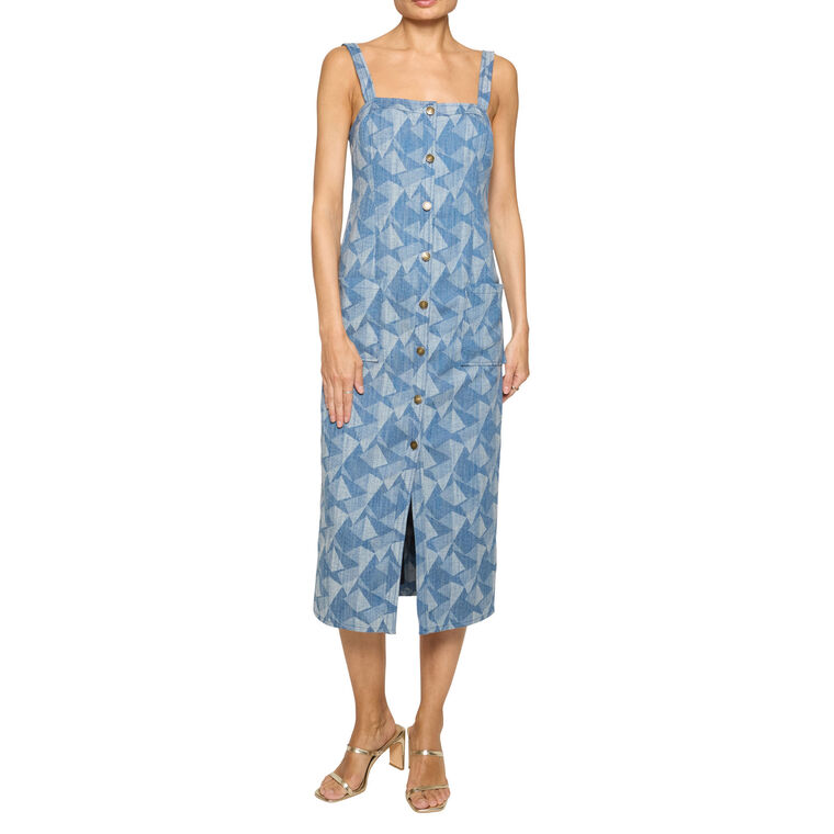Marine Printed Denim Sleeveless Midi Dress image number null