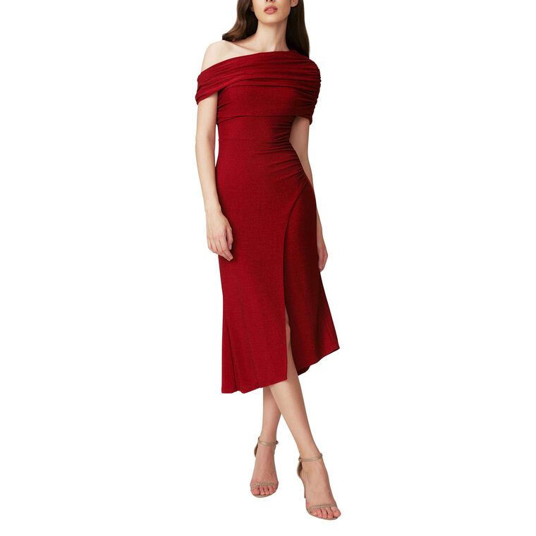 Agustin Ruched Shimmer One-Shoulder Midi Dress image number null