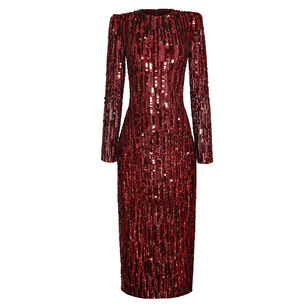 Embroidered Long Sleeve Tea-Length Dress