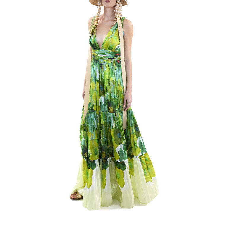 Gail Tiered Floral Satin Dress image number null
