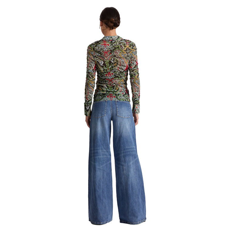Portia Long Sleeve Ruched Mesh Button Down Top image number null
