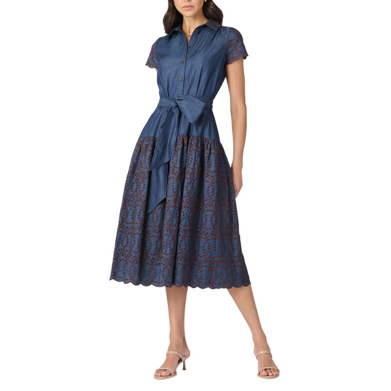 Sofia Short Sleeve Belted Embroidered Chambray Midi Dress image number null