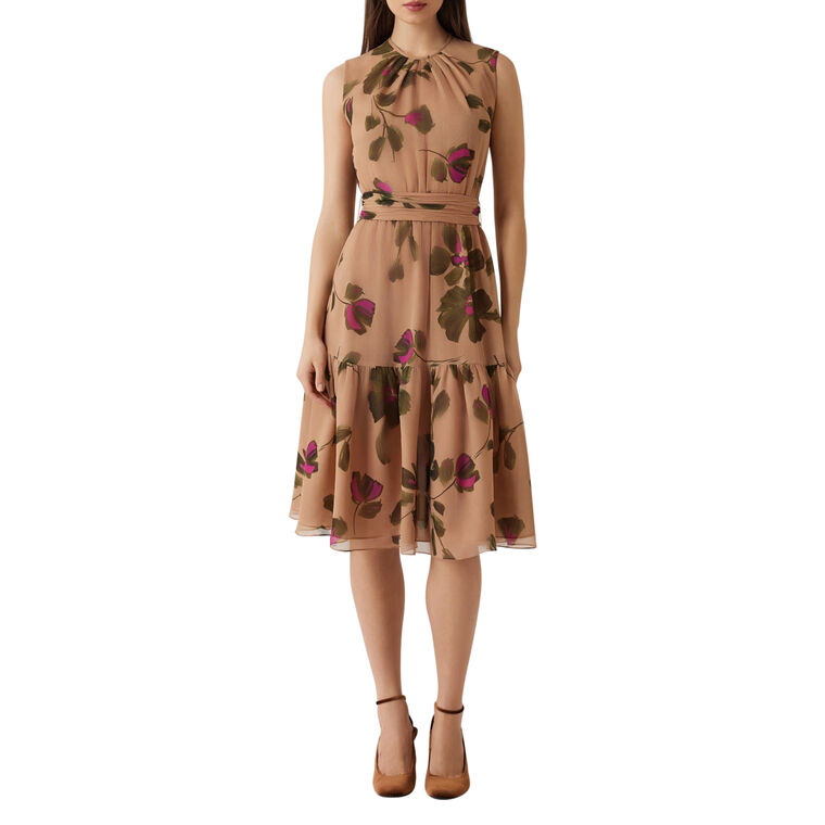 Sleeveless Chiffon Floral Belted Drop Waist Midi Dress image number null