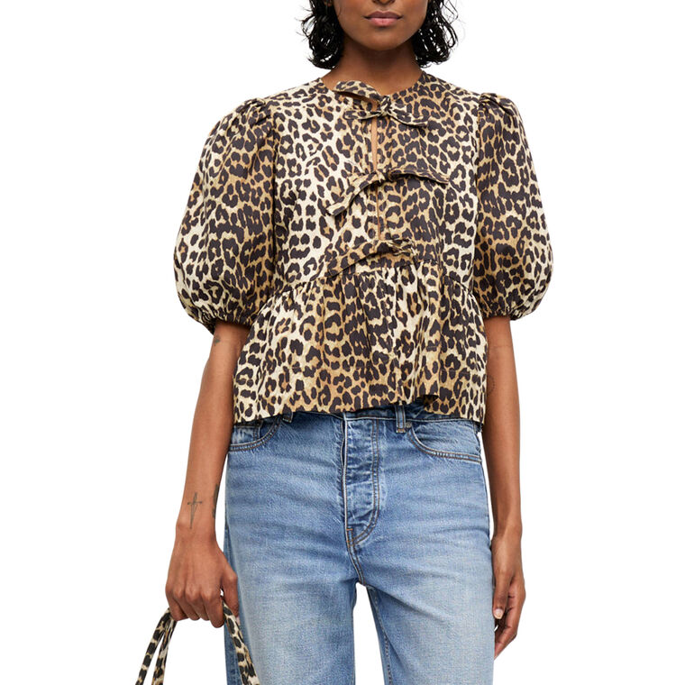 Leopard Cotton Poplin Peplum Tie Blouse image number null