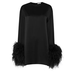 Long Sleeve Satin Shift Dress With Feather Cuffs