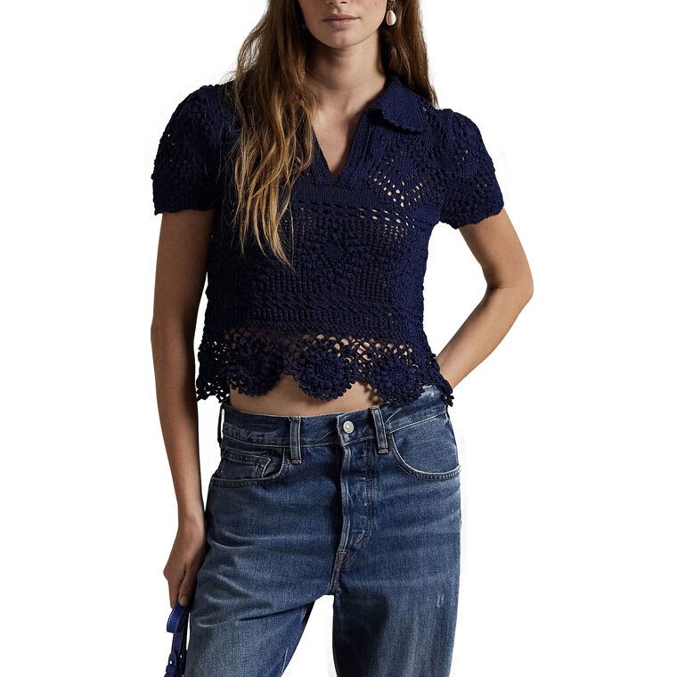 Pointelle Short Sleeve Polo Pullover Shirt image number null