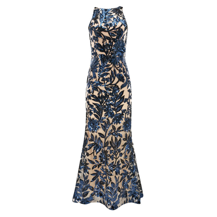 Floral Sequin Embroidered Halter Tulle Gown image number null