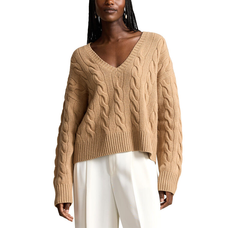 Cable-Knit Wool-Cashmere V-Neck Sweater image number null