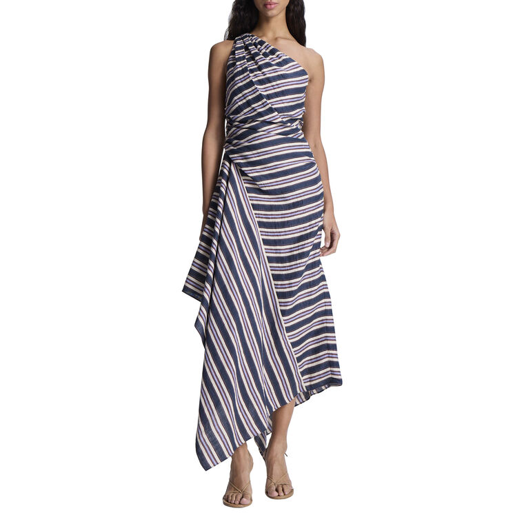 Lyn Striped Linen One-Shoulder Midi Dress image number null