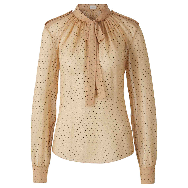 Neck Tie Long Sleeve Polka-Dot Blouse image number null