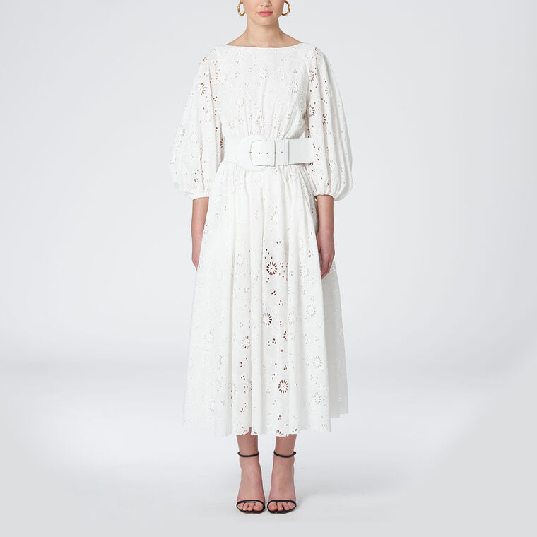 Shirred Puff Sleeve Eyelet Midi Dress image number null
