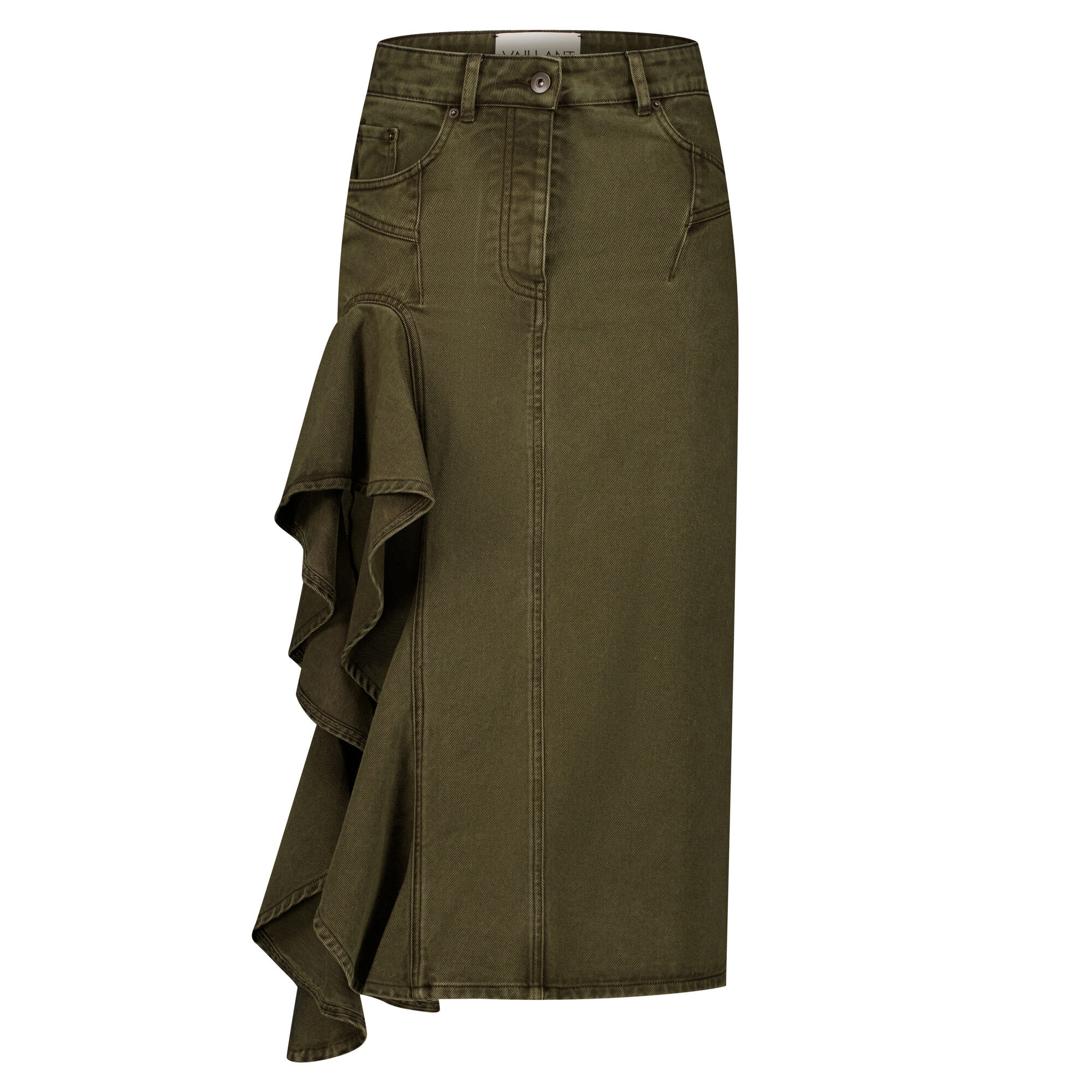 VAILLANT Ruffle Detail Denim Midi Skirt | Tootsies