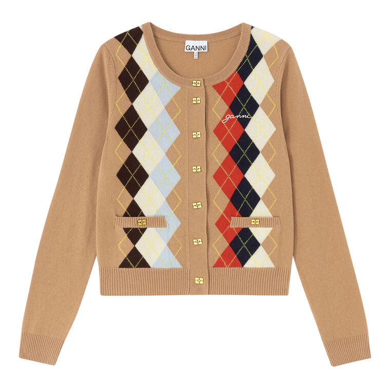 Long Sleeve Cashmere-Wool Mix Argyle Cardigan image number null