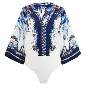 Ana Tapestry Kimono-Sleeve Bodysuit