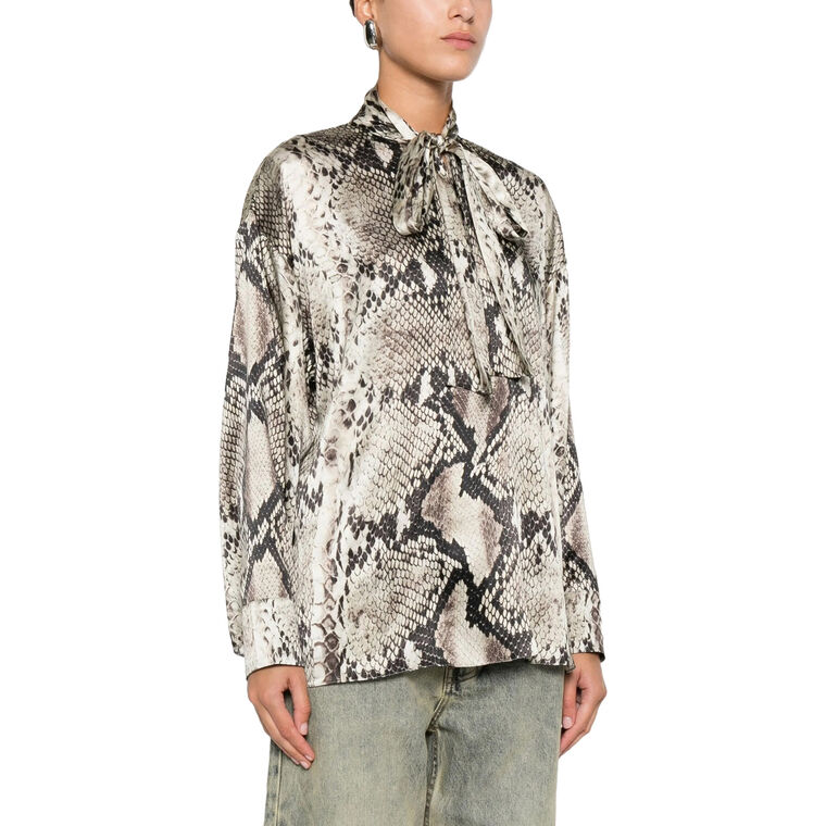 Python Print Silk Long Sleeve Tie Front Blouse image number null