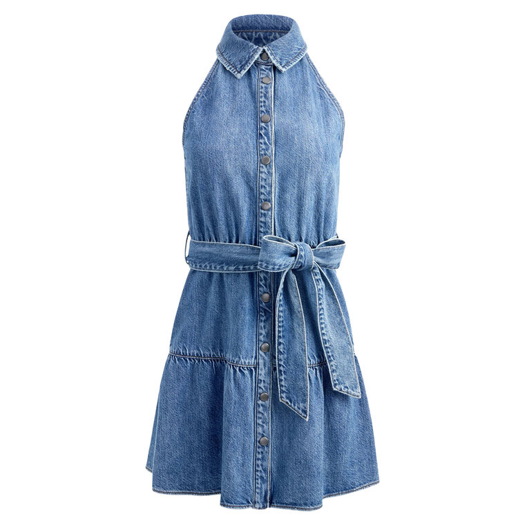 miranda sleeveless mini denim dress Miranda Sleeveless Denim Mini Dress