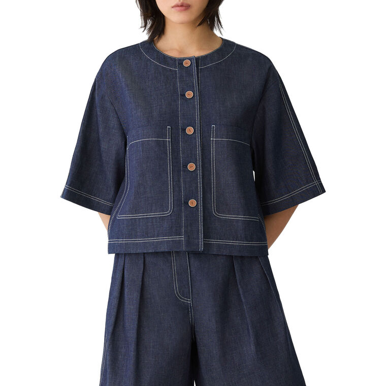 Chambray Short Sleeve Button-Front Cropped Jacket image number null