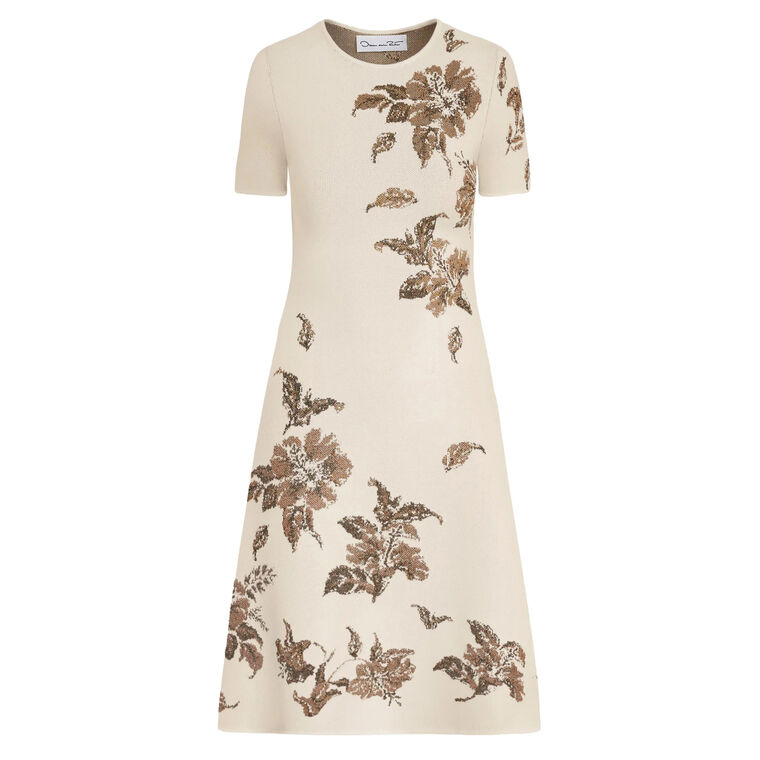 Short Sleeve Hibiscus Metallic Lurex Jacquard Knit Dress image number null