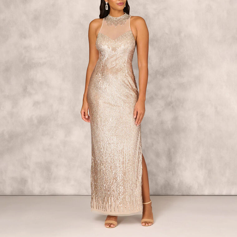 Sleeveless Beaded Column Gown With Illusion Neckline image number null