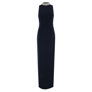 Sleeveless Braided Crystal Mock Neck Stretch Crepe Gown