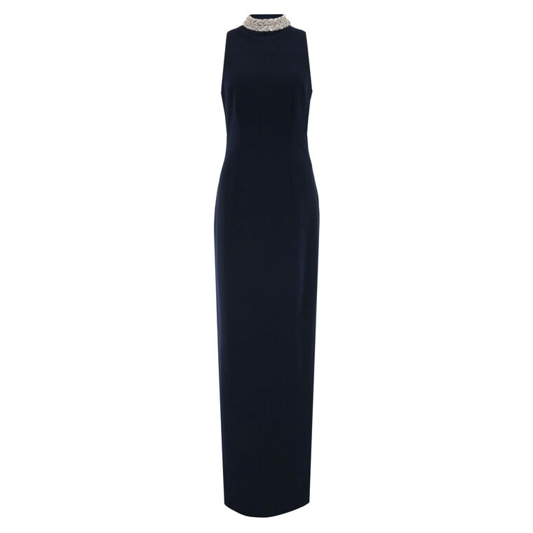 Sleeveless Braided Crystal Mock Neck Stretch Crepe Gown image number null