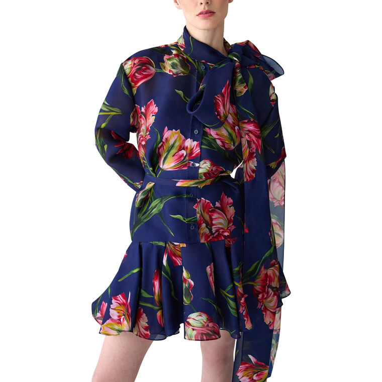 Tulip-Print Long Sleeve Mini Dress With Ruffle Hem And Bow Detail image number null