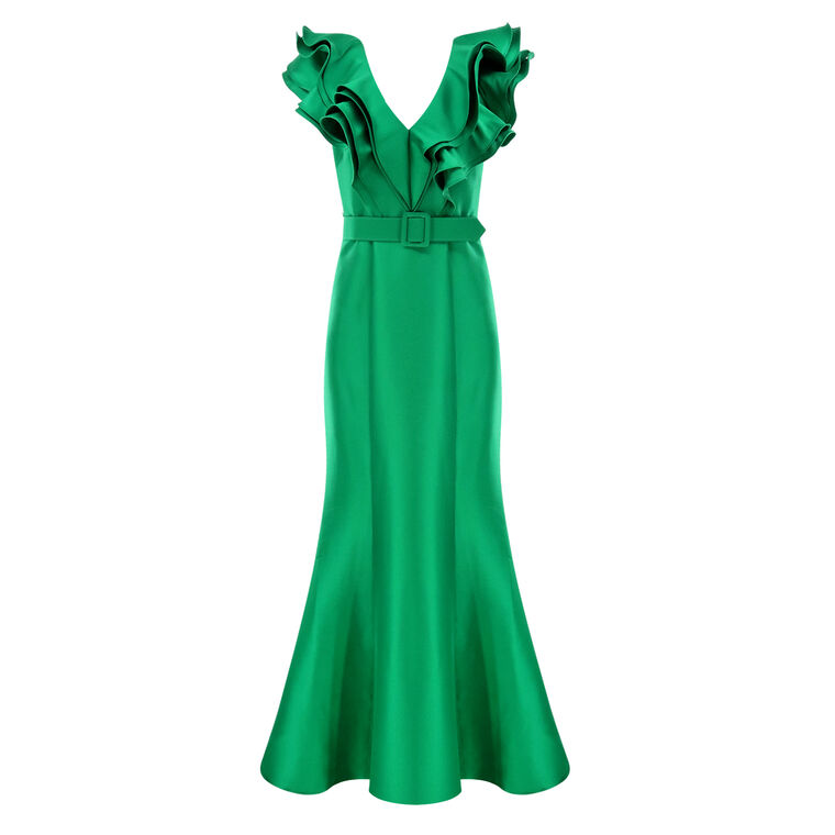 Ruffled Neckline Belted Trumpet Gown image number null