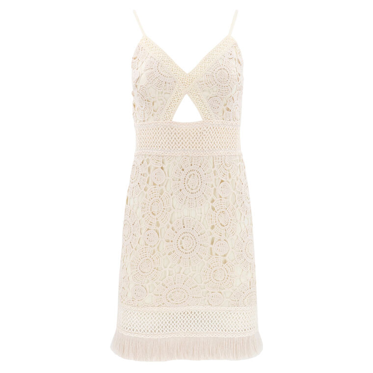 slim fit dress slacks Ayse Beige Crochet Mini Dress - US 8