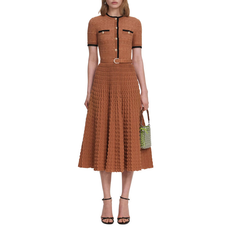 Short Sleeve Pointelle Knit Belted Midi Dress image number null
