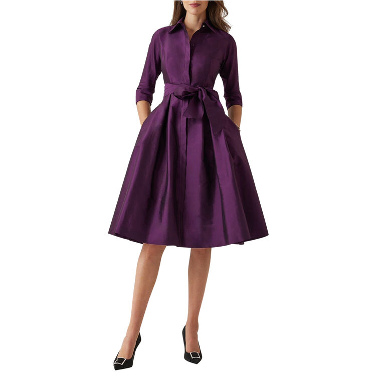 3/4 Sleeve Belted Taffeta Shirt Dress image number null