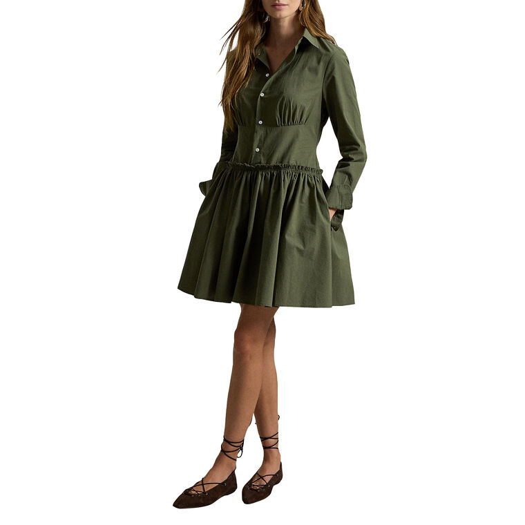 Long Sleeve Paneled Cotton Canvas Mini Shirtdress image number null