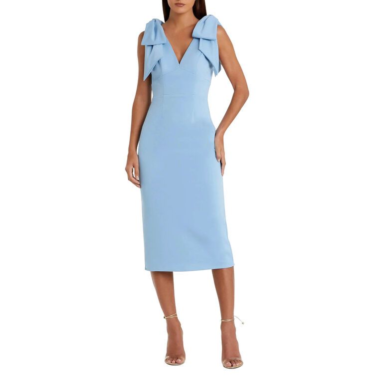 Sleeveless Bow Strap Crepe Fitted V-Neck Midi Dress image number null