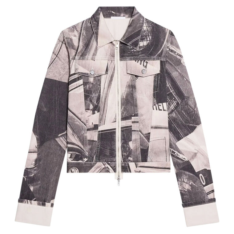 Cuffed Zip Printed Denim Trucker Jacket image number null