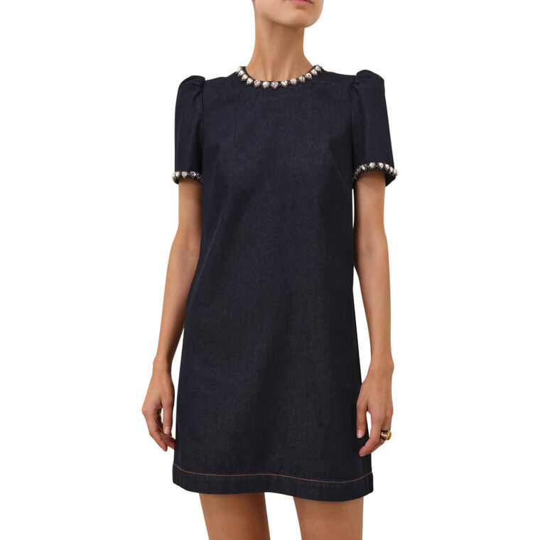 Jewel-Embellished Short Sleeve Denim Mini Dress image number null