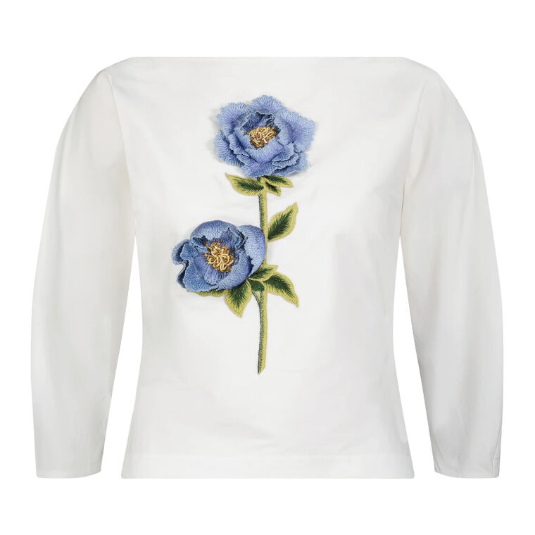 3D Peony Embroidered Cotton Poplin Top image number null