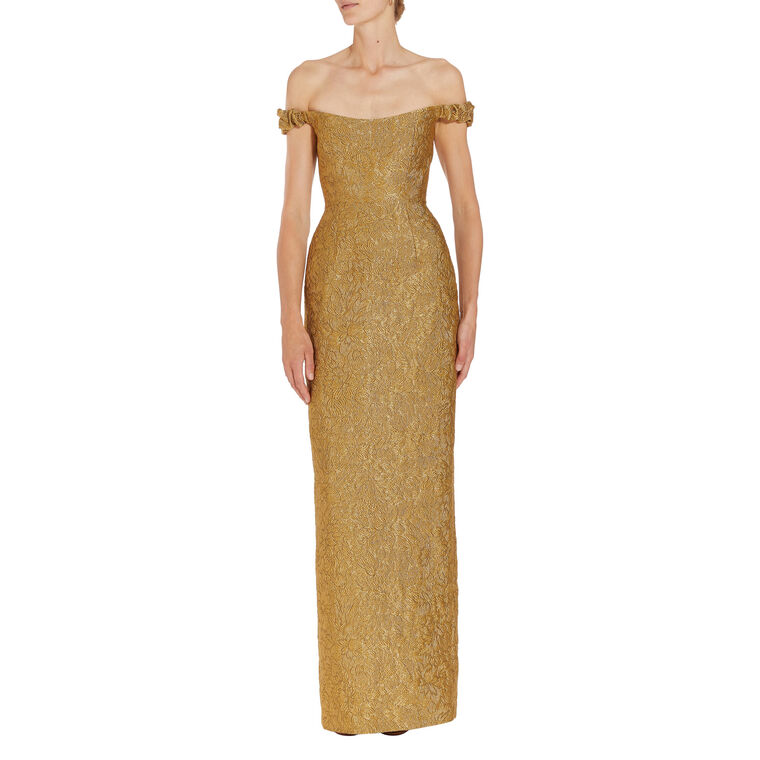 Yolanda Gold Brocade Column Gown image number null
