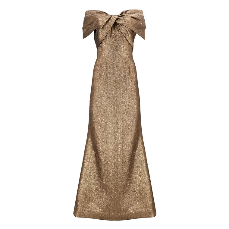 Metallic Jacquard Twist Bodice Off Shoulder Gown image number null