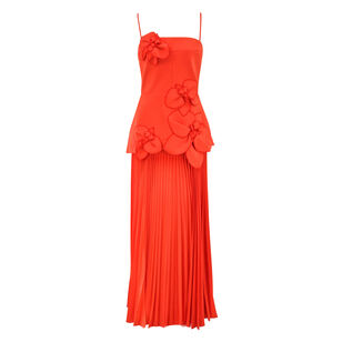 Avison Sleeveless Floral Applique Pleated Maxi Dress