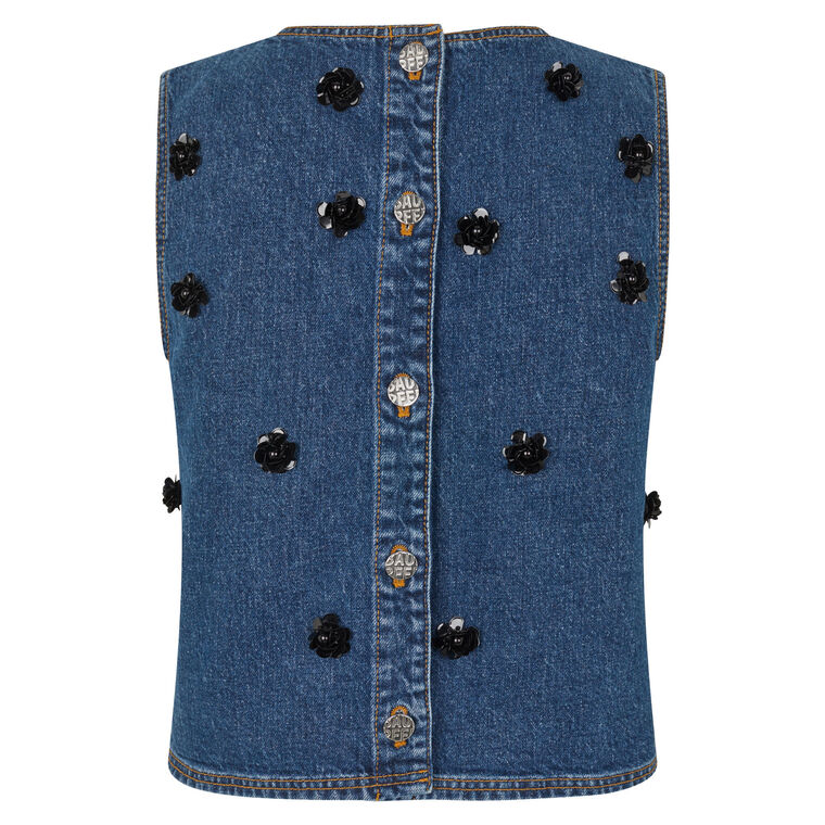 Madine Sleeveless Denim Sequin Flower Top image number null