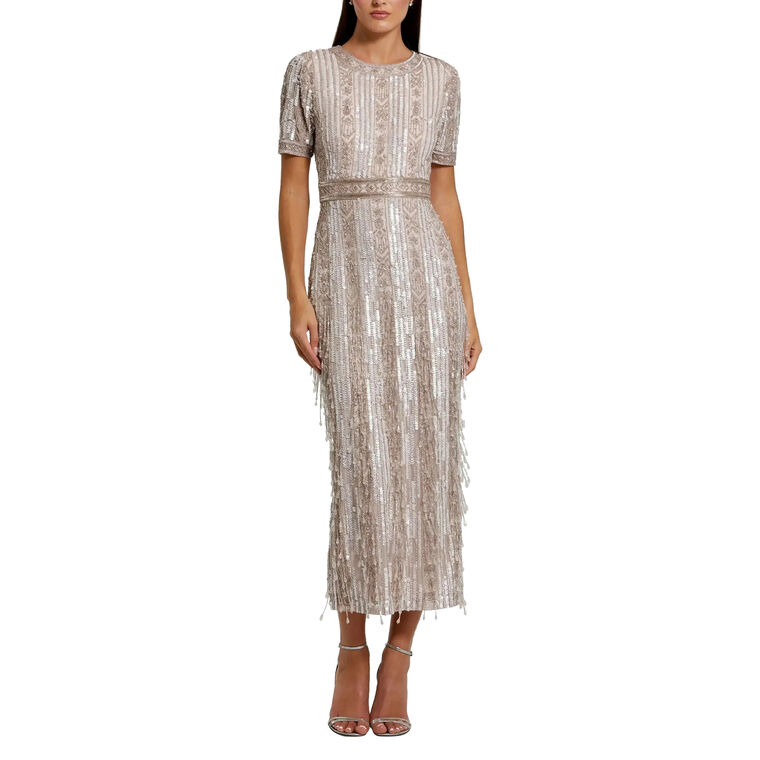 Beaded High Neck Short Sleeve Crystal Fringe Midi Sheath Dress image number null