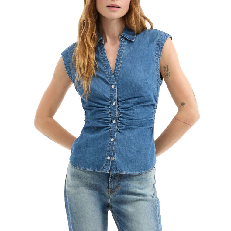 Sera Ruched Denim Cap-Sleeve Button-Down Top image number null