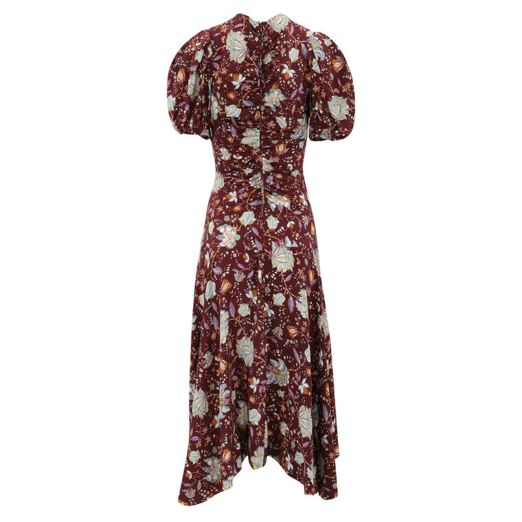 Puff-Sleeve Floral Silk Asymmetric Midi Dress