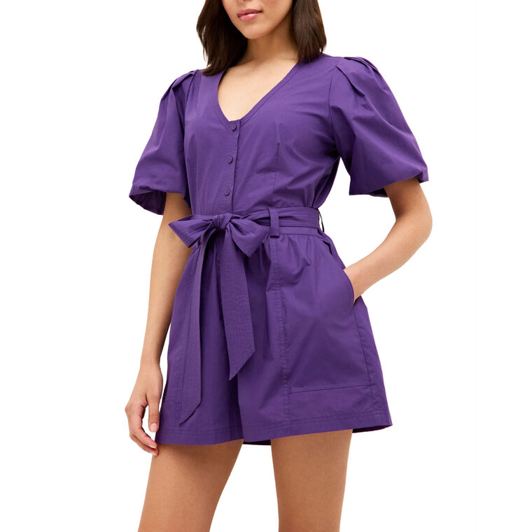 Devin Puff Sleeve Belted Romper image number null