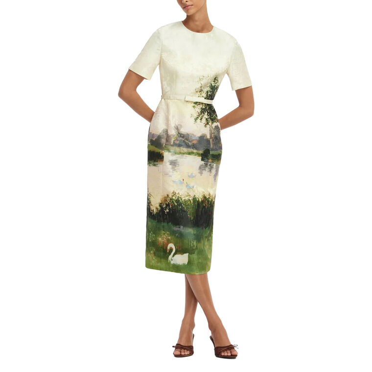 Elizabeth Jacquard Short Sleeve Belted Midi Dress image number null